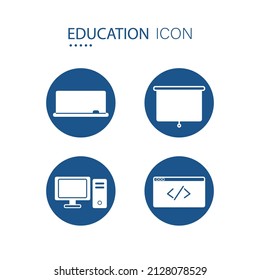 Symbol of education equipment icons on blue circle shape isolated on white background. Vector illustration.