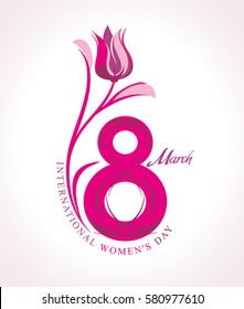 Symbol Eight with flower. March 8. International Women's Day.  Vector template of card, poster, postcard, invitation.