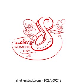 Symbol Eight with tulips. March 8. International Women's Day. Red handwritten vector template of card, poster, postcard, invitation.