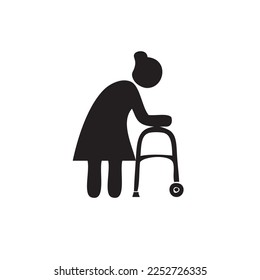 Symbol of an elderly woman with a walker supporting her
