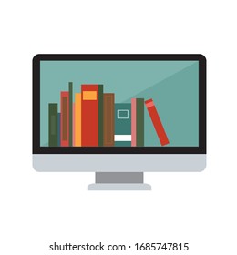 Symbol of e-learning with monitor and many books inside. Isolated