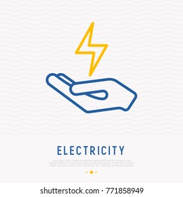 Symbol of electricity in hand. Modern vector illustration.