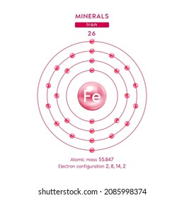 Symbol And Electron Diagram Red For Minerals Iron. Chemical Element And Atomic Number. Chemical Element Of Periodic Table. Medical And Scientific Concepts. Vector EPS10.