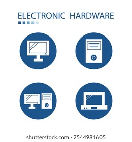 Symbol of electronics hardware icons. Icons on blue circle shape isolated on white background. Electronics supplement vector illustration.
