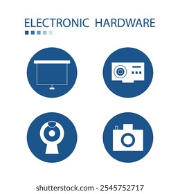 Símbolo de los iconos del hardware de la electrónica tales como proyector, cámara, cámara web. Iconos en forma de círculo azul. Ilustración de suplemento de electrónica.