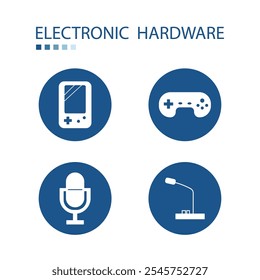 Symbol of electronics hardware icons such as. games, microphone. Icons on blue circle shape. Electronics supplement illustration.