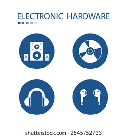 Símbolo de ícones de hardware eletrônico, como fones de ouvido, cd. Ícones na forma de círculo azul. Ilustração de suplemento eletrônico. 