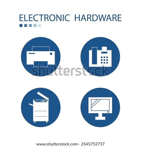 Symbol of electronics hardware icons such as fax, photocopier. Icons on blue circle shape. Electronics supplement illustration. 