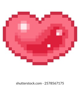 Symbol, element, icon, vector pixel art of love with pink color and shine on it for game in valentine day