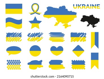 Symbol Elements Collection With The Flag Of Ukraine Design. Button, Rhombus, Dotts, Hand Drawn, Speak Cloud,heart, Circle, Icons, Ribbon, Star, Word, Flags. Blue And Yellow. Wavy 