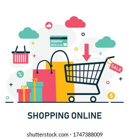 symbol elements online shopping isolated on white background. e-commerce concept. cart with baskets and bags for shopping. vector illustration modern flat design.