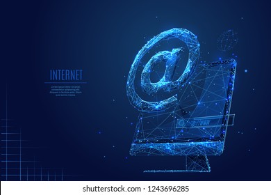 AT symbol or email and internet signs. Technological concept. Low poly blue. Polygonal abstract  illustration. Low poly vector illustration of a starry sky or Cosmos. Vector image in RGB Color mode.