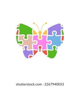 Symbol or emblem for Autism disorder in shape of butterfly consisting of puzzle pieces, flat graphic vector illustration isolated on white background.