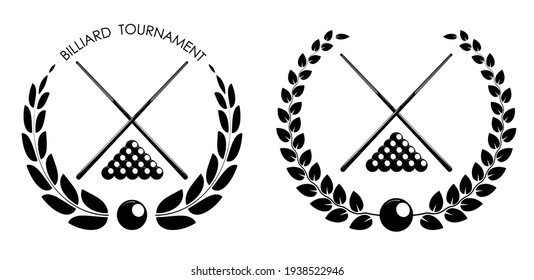 symbol, emblem of billiard cues and pool ball set with laurel wreath for competition. Sports equipment. Active lifestyle. Vector