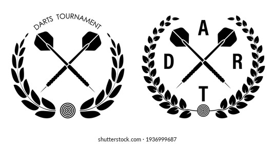 symbol, emblem of crossed sports dart arrows with laurel wreath for competition. Sports equipment. Active lifestyle. Vector