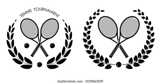 symbol, emblem of crossed sports tennis rockets and ball for tennis with laurel wreath for competition. Tennis sports equipment. Active lifestyle. Vector