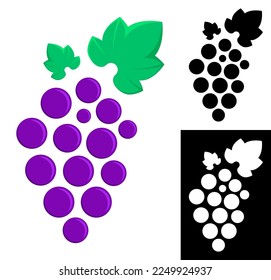 Symbol, emblem of juicy bunch of grapes with leaves. Brand name element for alcoholic and berry drinks. Simple black and white vector isolated on white background