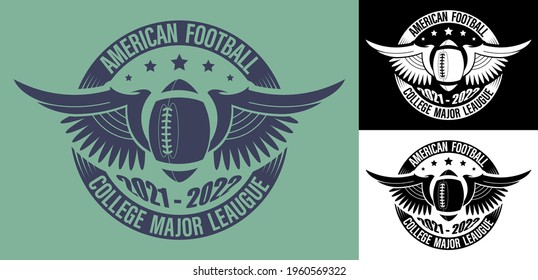 symbol, emblem of sports american football ball in circle of ribbons and wings for competition. Team sports. Active lifestyle. Vector