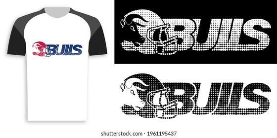 symbol, emblem of sports american football with bull head and sports helmet. Animal mascot of sports team. Design element, print for clothes. Vector