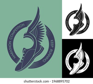 symbol, emblem of sports sneaker and sole, running shoes with wings in circle of ribbons for competition. Active lifestyle. Vector