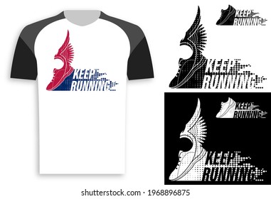 symbol, emblem of sports sneaker and sole, running shoes with wings. Design element, print for clothes. Vector