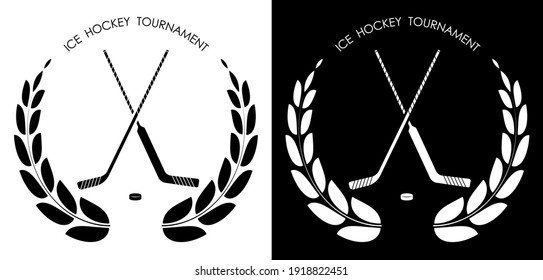 symbol, emblem of sports sticks for goalkeeper and fielder and black rubber puck for ice hockey with laurel wreath for competition. Hockey sports equipment. Active lifestyle. Vector