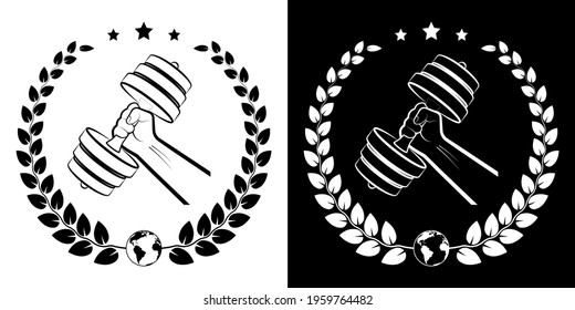 symbol, emblem strong hand of athlete and dumbbell with laurel wreath for gym competition. Sports equipment. Active lifestyle. Vector