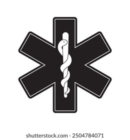 Símbolo de emergencia, paramédico. Primeros auxilios. Logotipo paramédico. Estrella de la vida emblema aislado en el fondo blanco. Símbolo médico Estrella negra, 