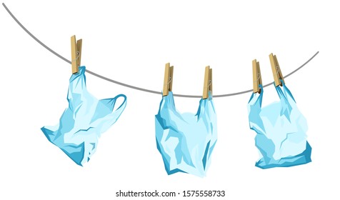 Symbol of environmental pollution of the planet with plastic, non-degradable debris. cellophane bags are dried on a rope. World Environment Day, rejection of plastic. vector illustration.