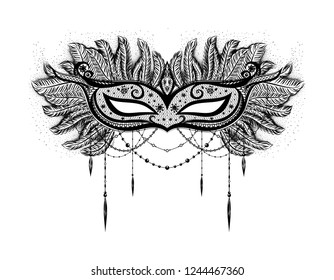 Symbol of erotica and masquerade. Carnival mask with feathers and beads. Costume festival.