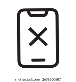 Symbol of an error on a mobile device depicted with a cross mark and simple shapes. Illustrates app failure or error state on a smartphone.