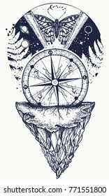 Symbol of esoterics, mysticism, astrology, dream. Surreal Universe, compass, mountains, planet and star t-shirt design 