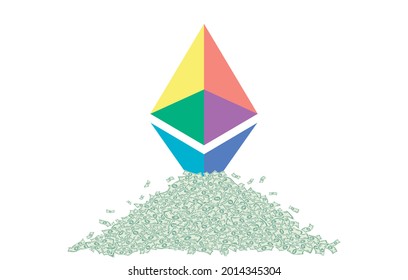 Symbol Ethereum on the background of a large pile of paper money banknotes. Vector illustration