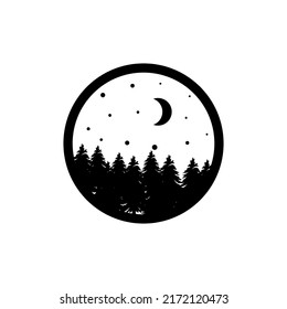 The symbol of the evening landscape in the form of a circle. trees sky and moon vector illustration. Travel company logo. black symbol on white background