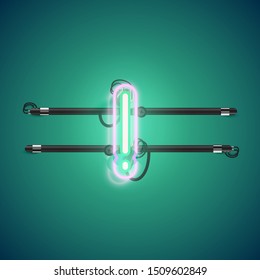 Symbol for an exclamation mark. Realistic glowing double neon character from a font set, vector illustration.