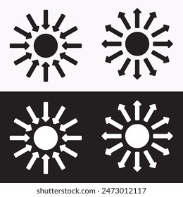 Symbol of expansion and contract, inward and outward arrows in circular, black and white vector illustration on white and black background. EPS 10.