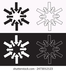 Symbol of expansion and contract, inward and outward arrows in circular, black and white vector illustration on white and black background. EPS 10.