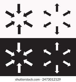 Symbol für Expansion und Kontraktion, nach innen und außen gerichtete Pfeile in kreisförmiger, schwarz-weißer Vektorillustration auf weißem und schwarzem Hintergrund. EPS 10.