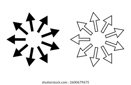 Symbol of expansion and contract, inward and outward arrows in circular, black and white vector illustration on white background in eps 10.