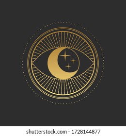 Symbol of eye with moon and stars inside. Hand drawn vector illustration