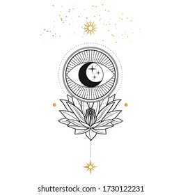 Symbol of eye with moon and stars inside. Hand drawn vector illustration