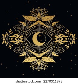 Symbol of eye with moon and stars inside surrounded by tropical leaves. Hand drawn vector illustration