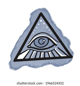 El símbolo del ojo en el triángulo. Tatuaje gráfico en un punto de acuarela.
