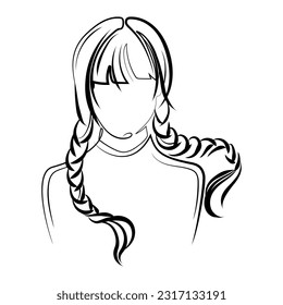 Cara de símbolo. chica gótica con ilustración vectorial de línea de pigtails. Niña con silueta de trenzas.Impresión, afiche, emblema, diseño de logotipo en estilo moderno minimalista