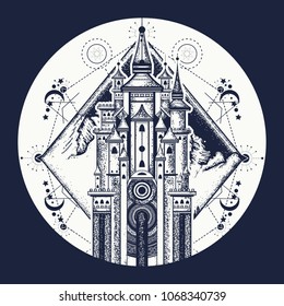 Symbol of the fairy tale, dream, magic t shirt design. Medieval castle and mountains tattoo art 