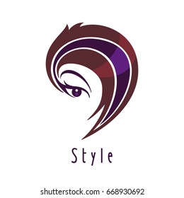 Symbol of a fashionable female haircut with a long oblique fringe. An eye with a long line of eyelashes smoothly connected with a hair strand. Copper violet, mahogany colors. Logo for a hairdresser.