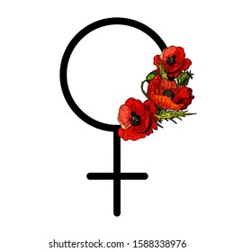 Symbol of feminism with blooming poppies. Greeting card for March 8 and Women's Rights Day. Isolated element for design. Vector stock illustration.