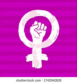 Symbol of Feminism Movement. Woman Hand with her fist raised up. Girl Power Sign on Stripe Pink Background. Stock Vector Illustration.