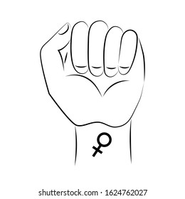 Symbol of feminism raised fist, mirror of venus. Hand with a tattoo. Happy Women's Day. March 8. Logo. Equality. Power woman. Drawing a black line. Isolated object on a white background. Stock vector.