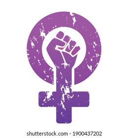 The symbol of the feminist movement is a female gender symbol and a raised fist, purple gradient color, slightly rubbed against a white background. Vector template